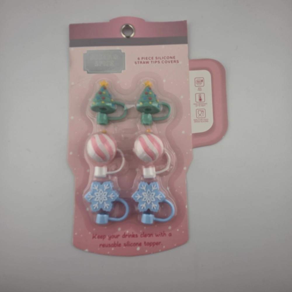 Sugar & Spice‎ Silicone Straw Tip Covers 6 Piece Christmas Tree Snowflake Candy